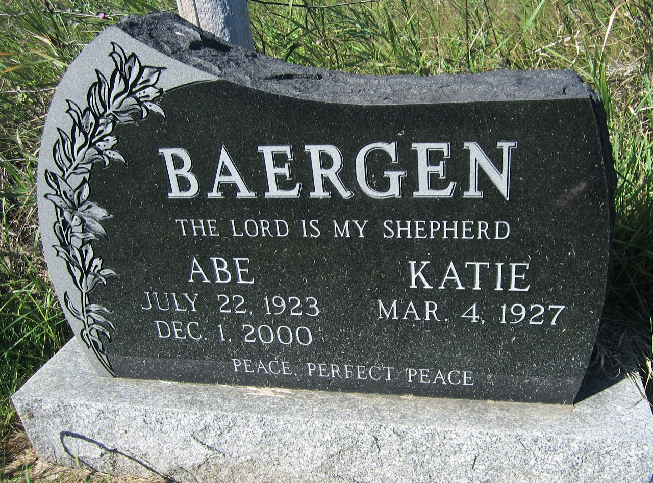 Abe Baergen - gravestone  (3551 KB)
 
Photo credit: Linda on Find a Grave
(Click on Picture to View Full Size)