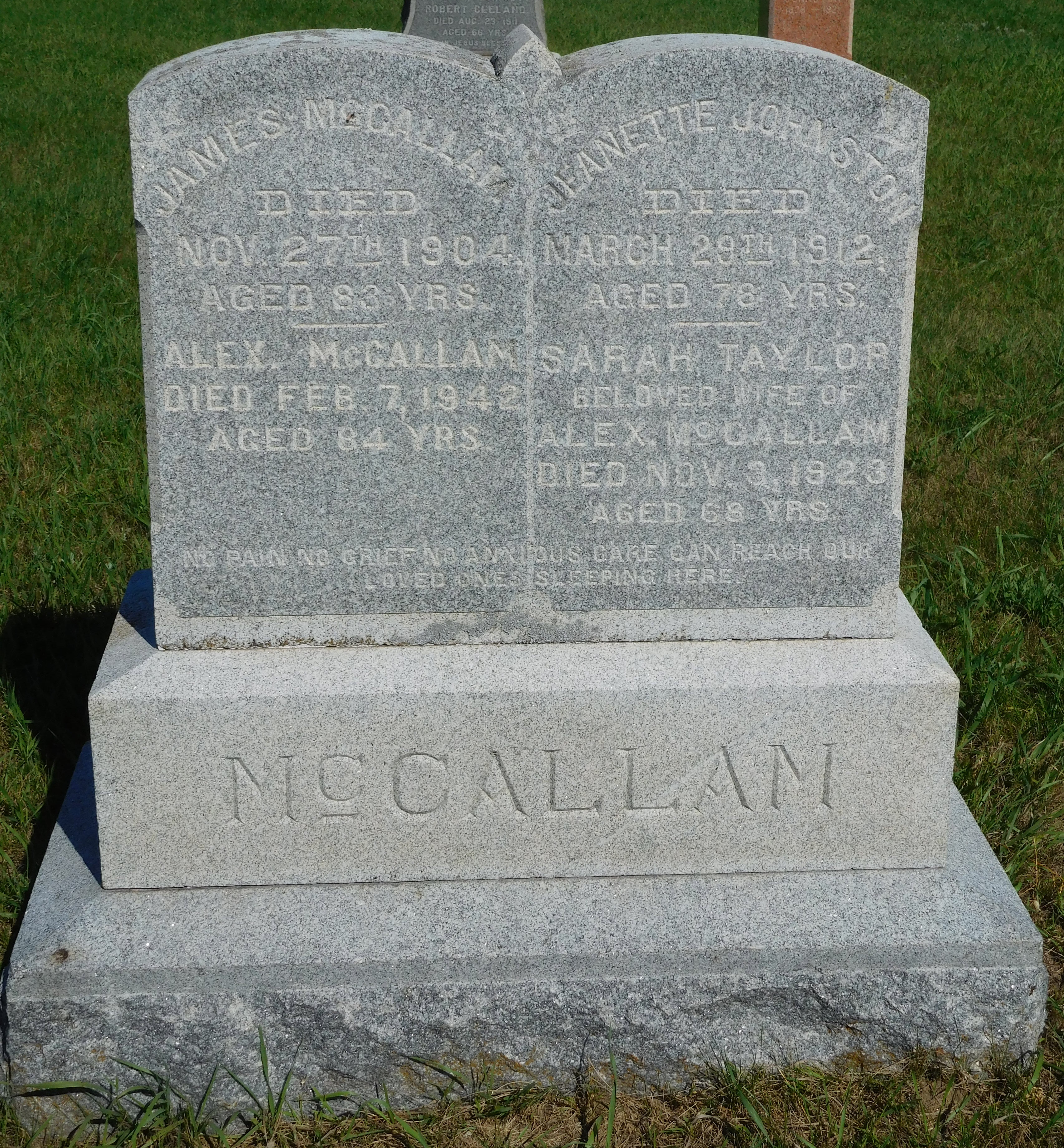 Sarah Taylor McCallam - gravestone  (36815 KB)
 
Photo credit: Nancy Dunlop on Find a Grave
(Click on Picture to View Full Size)
